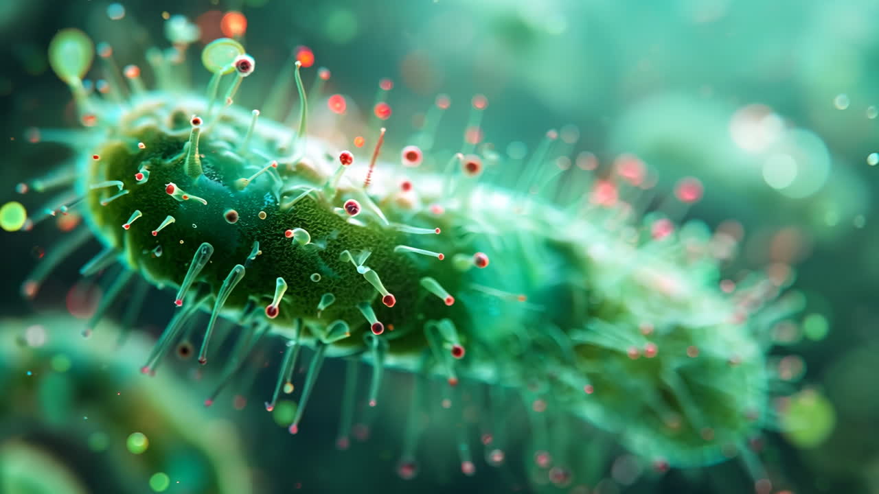 A green and red bacteria with a long stem. The bacteria is surrounded by other bacteria