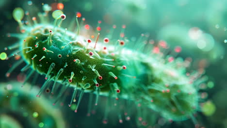 a green and red bacteria with a long stem. the bacteria is surrounded by other bacteria