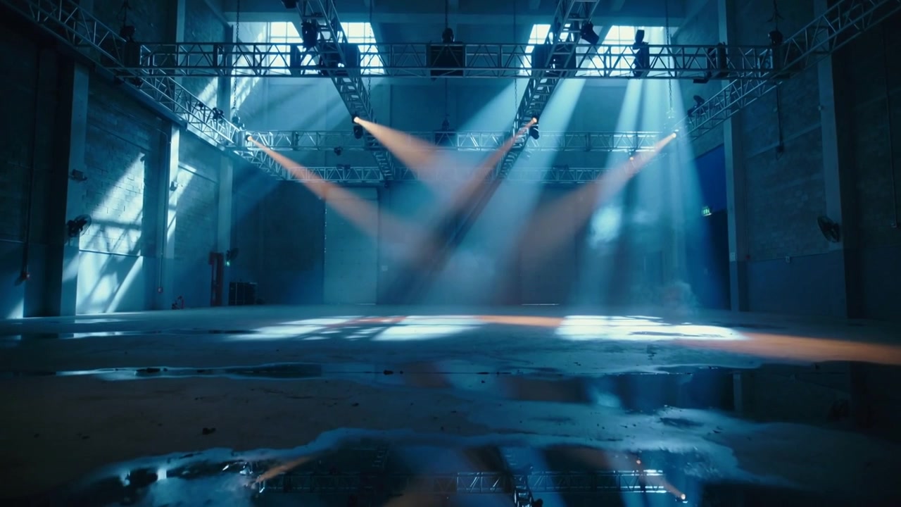 Activating lighting rig sending three warm spot beams across warehouse floor, creating visible haze