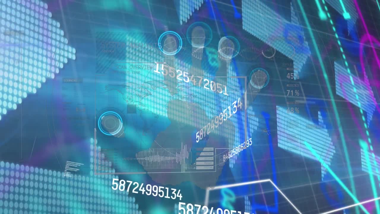 데이터 처리에 대한 손 바이오닉 보안 시스템의 애니메이션과 파란색 공간의 화살표