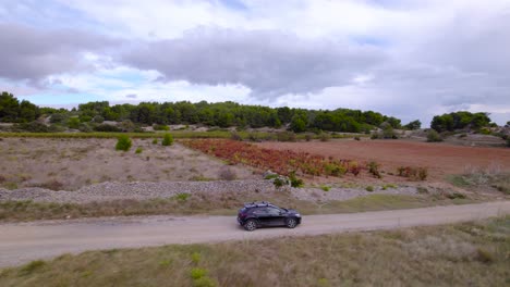 toma aérea cinematográfica de un coche de cuatro ruedas que viaja fuera de la carretera en el campo