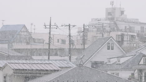 scenery of roofs on township during snowstorm in tokyo, japan