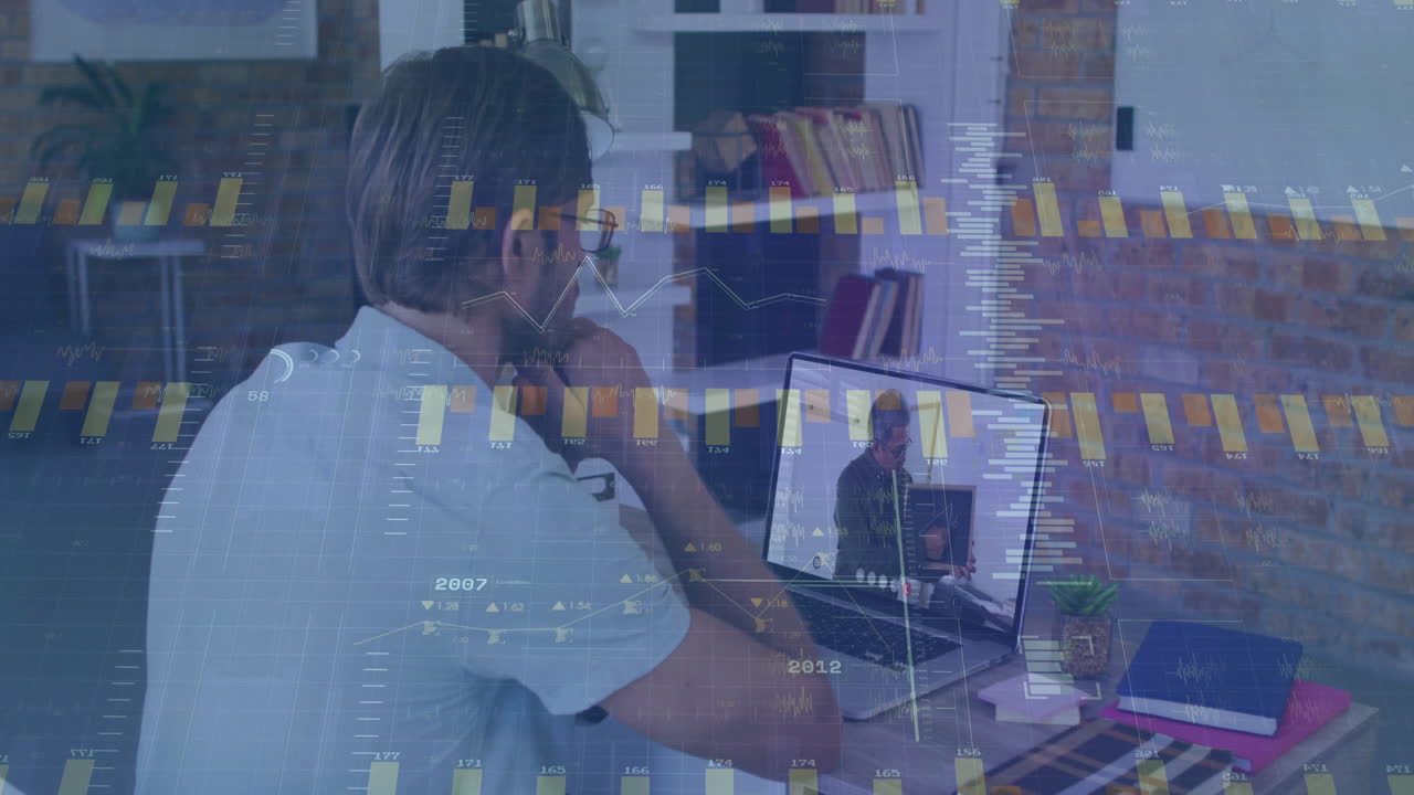 Man wearing glasses seated at laptop joining remote business call, featuring animated charts