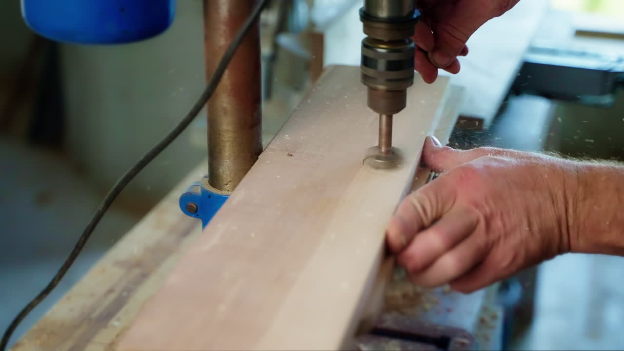 hombre usando una prensa de perforación en una tabla de madera