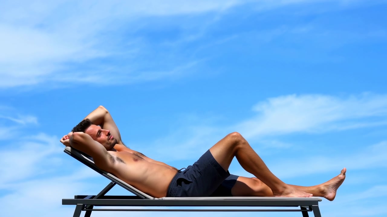 Man wearing dark shorts and sunglasses rests on reclining sun lounger, slowly lowering and extending one leg as clear blue sky and soft white clouds fill background.