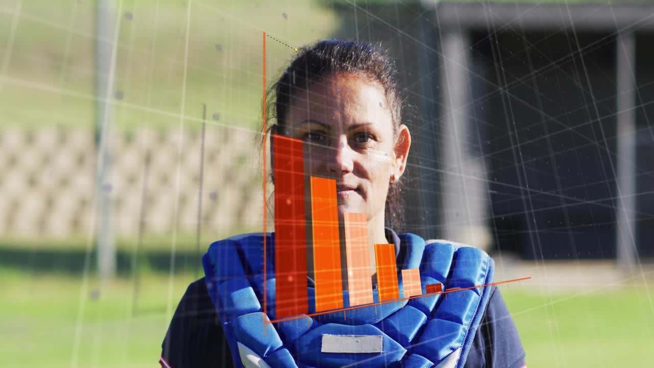 Female catcher fastening protector, removing helmet, revealing sports analytics bar chart