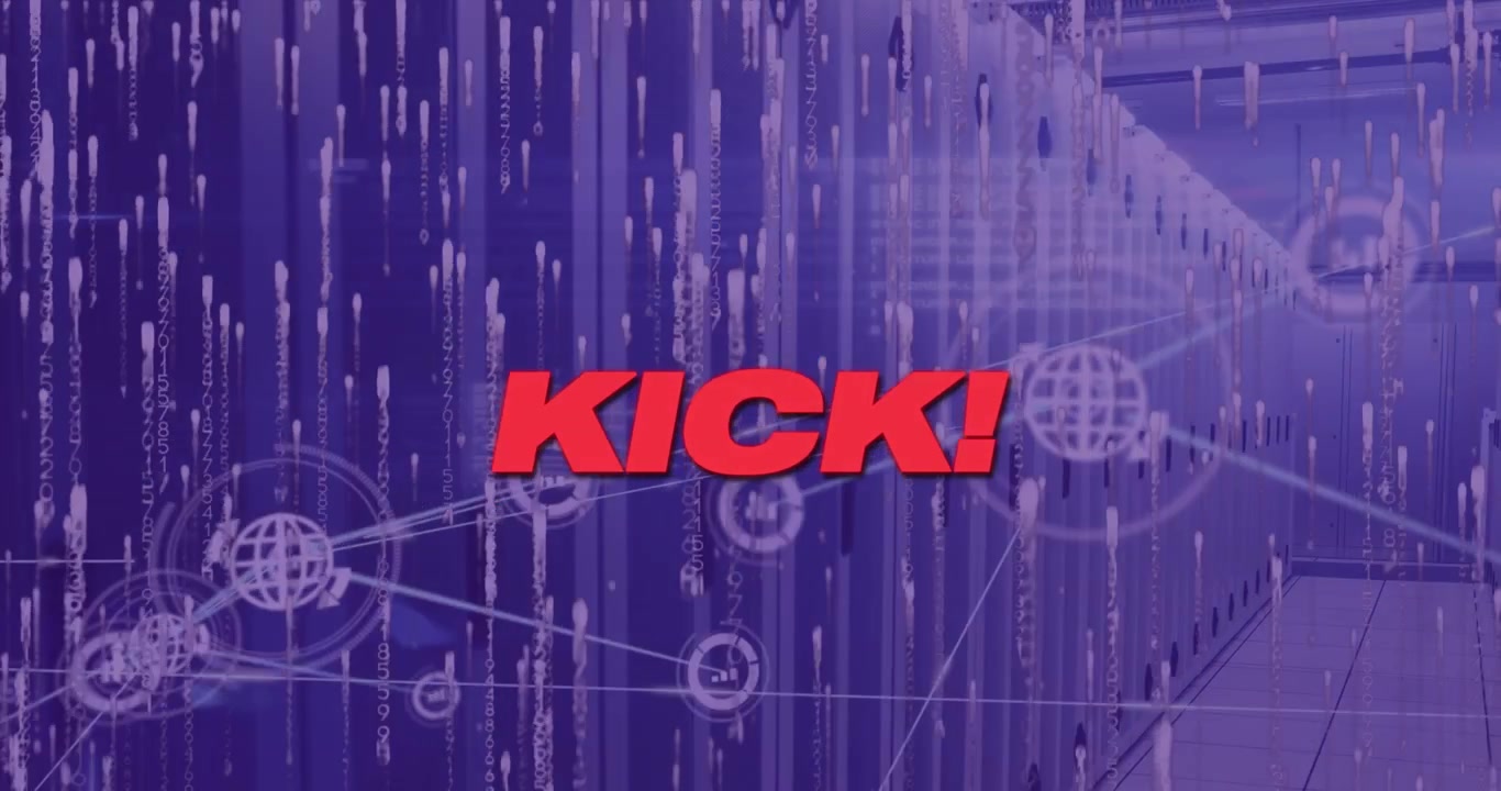 Animation of kick text with network of connections and data processing over server room