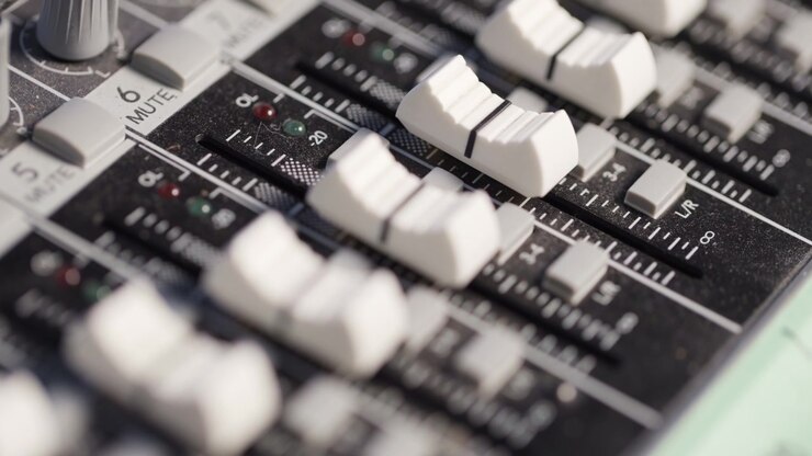 Detail of the controls of the Audio Mixing board, Console, closeup view
