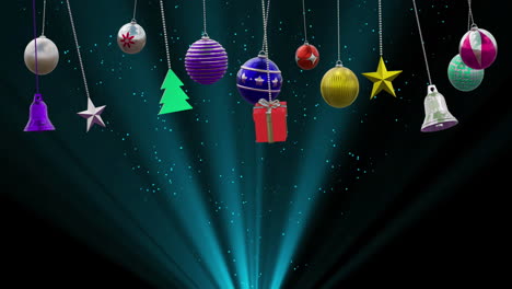 animación de bolas de navidad y nieve cayendo sobre un fondo azul