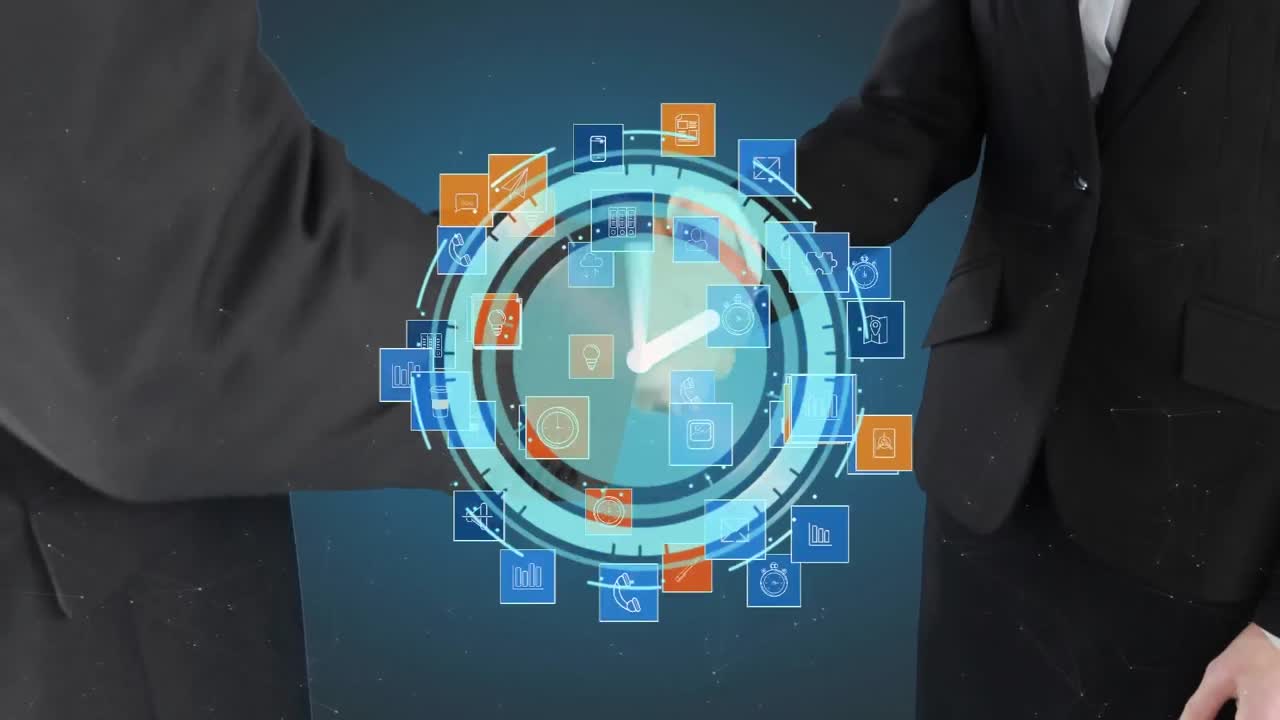 Animation of neon ticking clock over mid section of businessman and businesswoman shaking hands