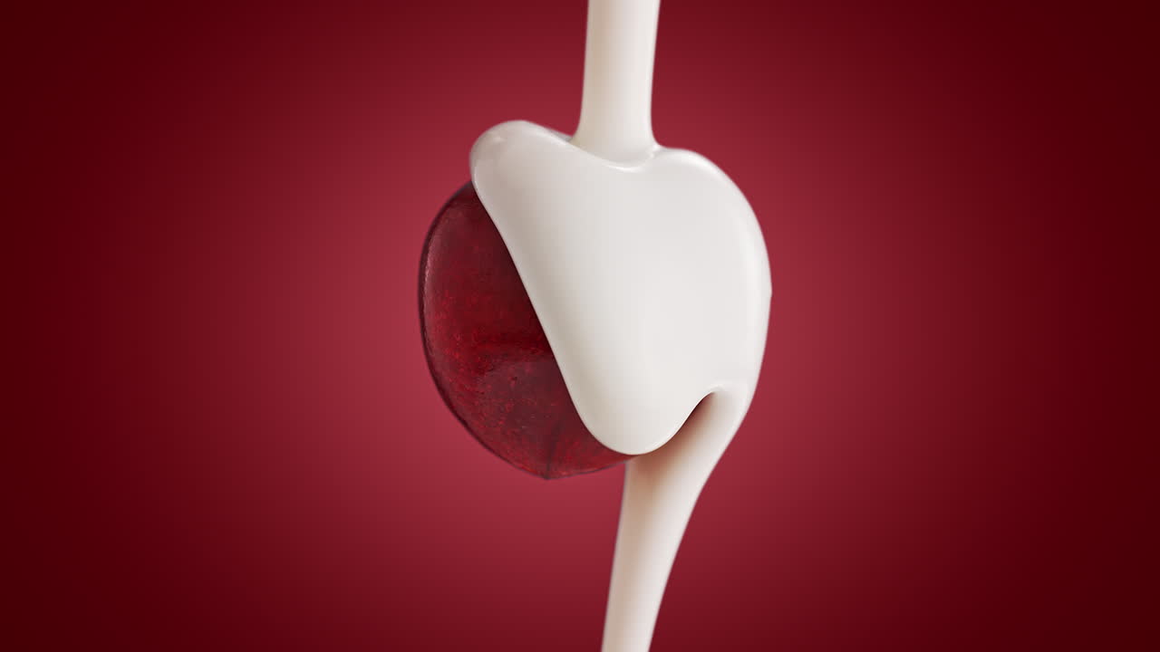 크리미 요거트가 야생 체리 위에 깊은 빨간색 배경에서 매크로 느린 동작