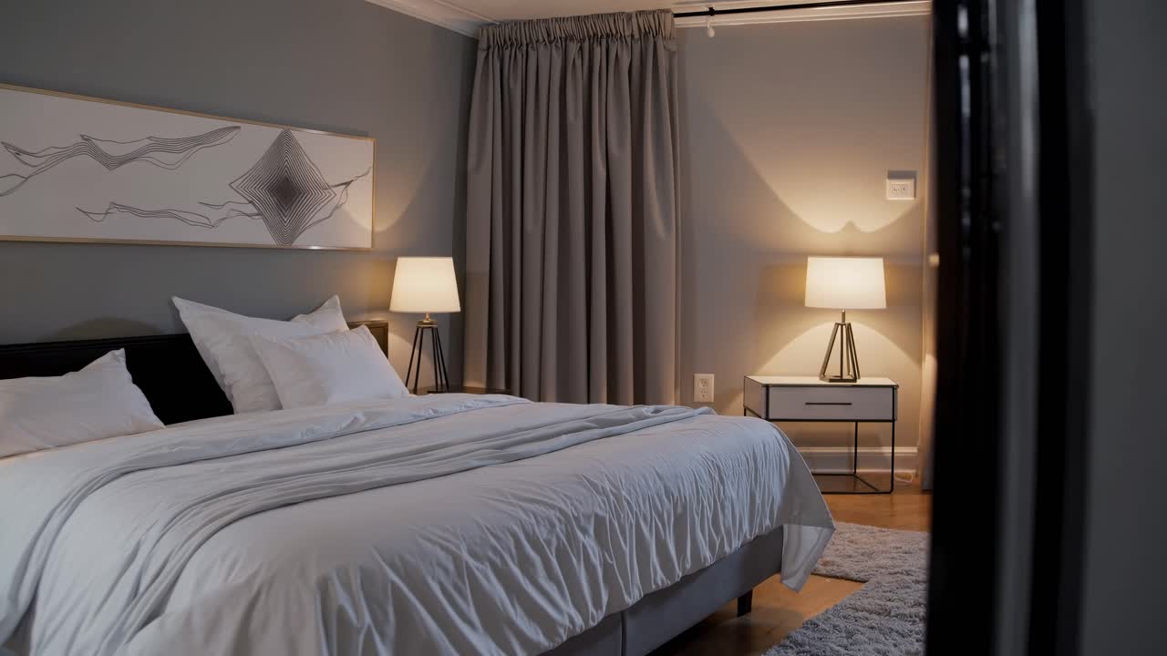 Video di una camera da letto moderna vista attraverso una porta