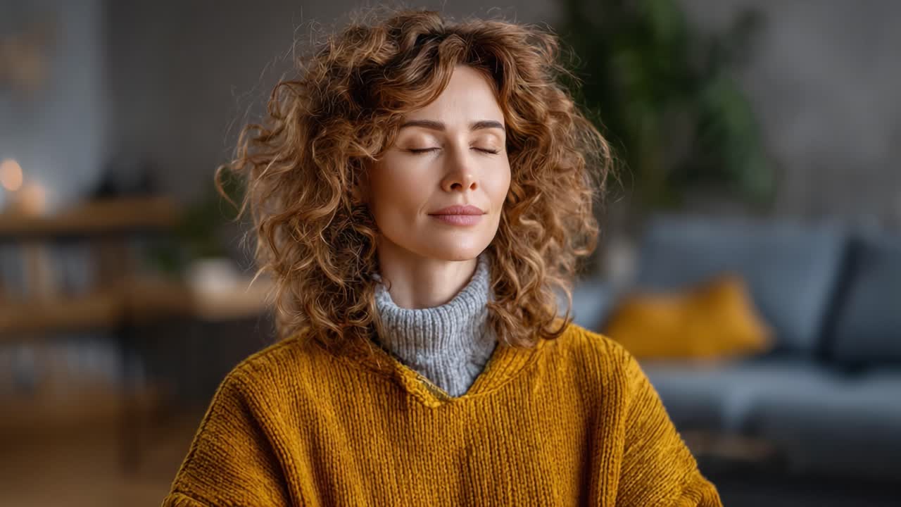A Calming Moment of Reflection: A Woman in a Cozy Knit Sweater with Curly Hair Engaging in Mindful Meditation at Home