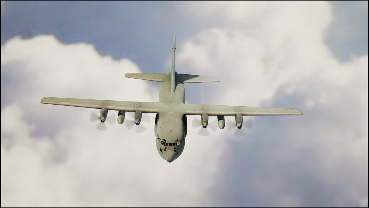 avión militar volando a través de las nubes fondo. concepto de guerra. animación de video 3d