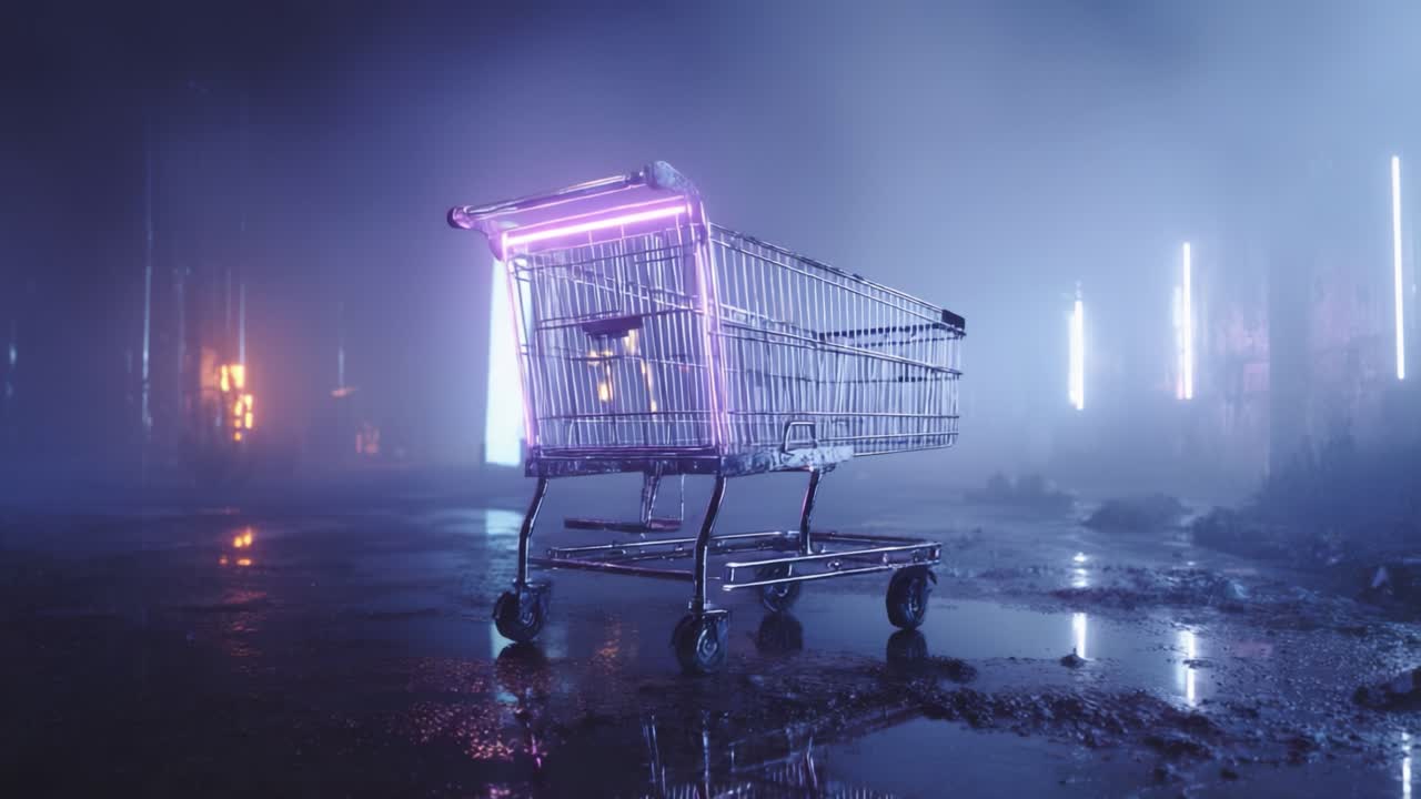 A Neon-lit Shopping Cart in a Foggy Urban Environment, Capturing the Essence of Abandonment and Modernity Through Its Striking Visual Aesthetics