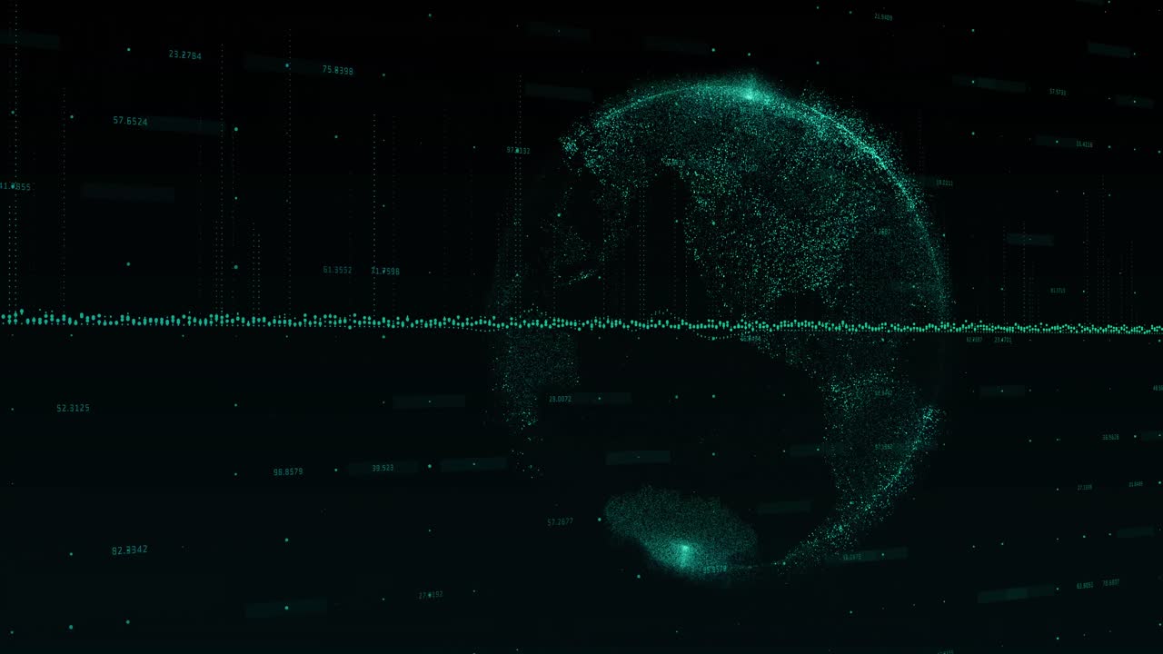 Blue graph made of dots going up and down with blue blocks floating over a blue globe
