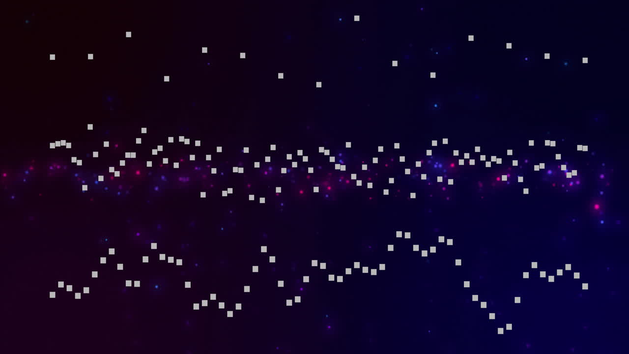 White pixelated dots forming patterns over starry night sky animation