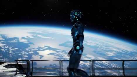 a futuristic robot exploring the cosmic expanse: a journey through space in the presence of earth from a nearby station