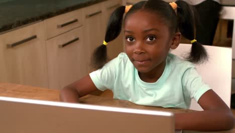 un lindo niño negro usando una computadora portátil en la cocina