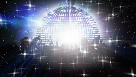 Animation-of-mirrorball-and-flashing-blue-and-white-lights-over-dancing-crowd-on-black-background