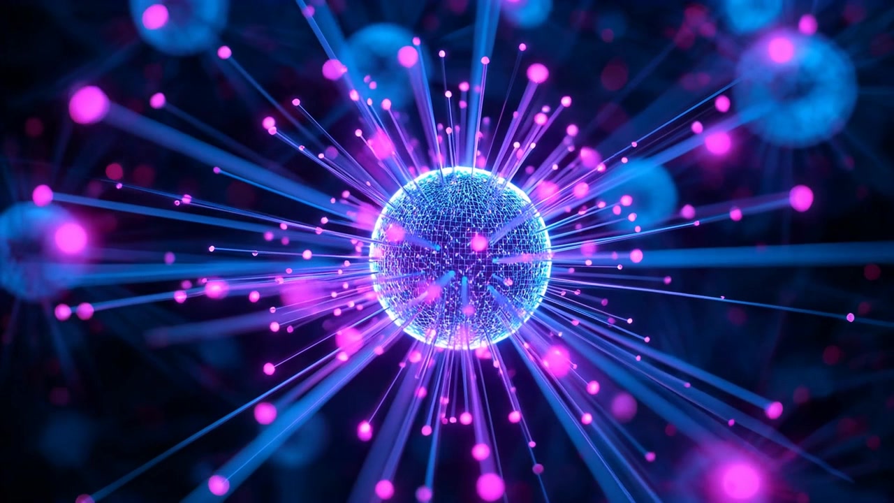 Sfera a maglie blu che si illumina, emettendo filamenti in un campo profondo e spingendo nodi magenta verso l'esterno.