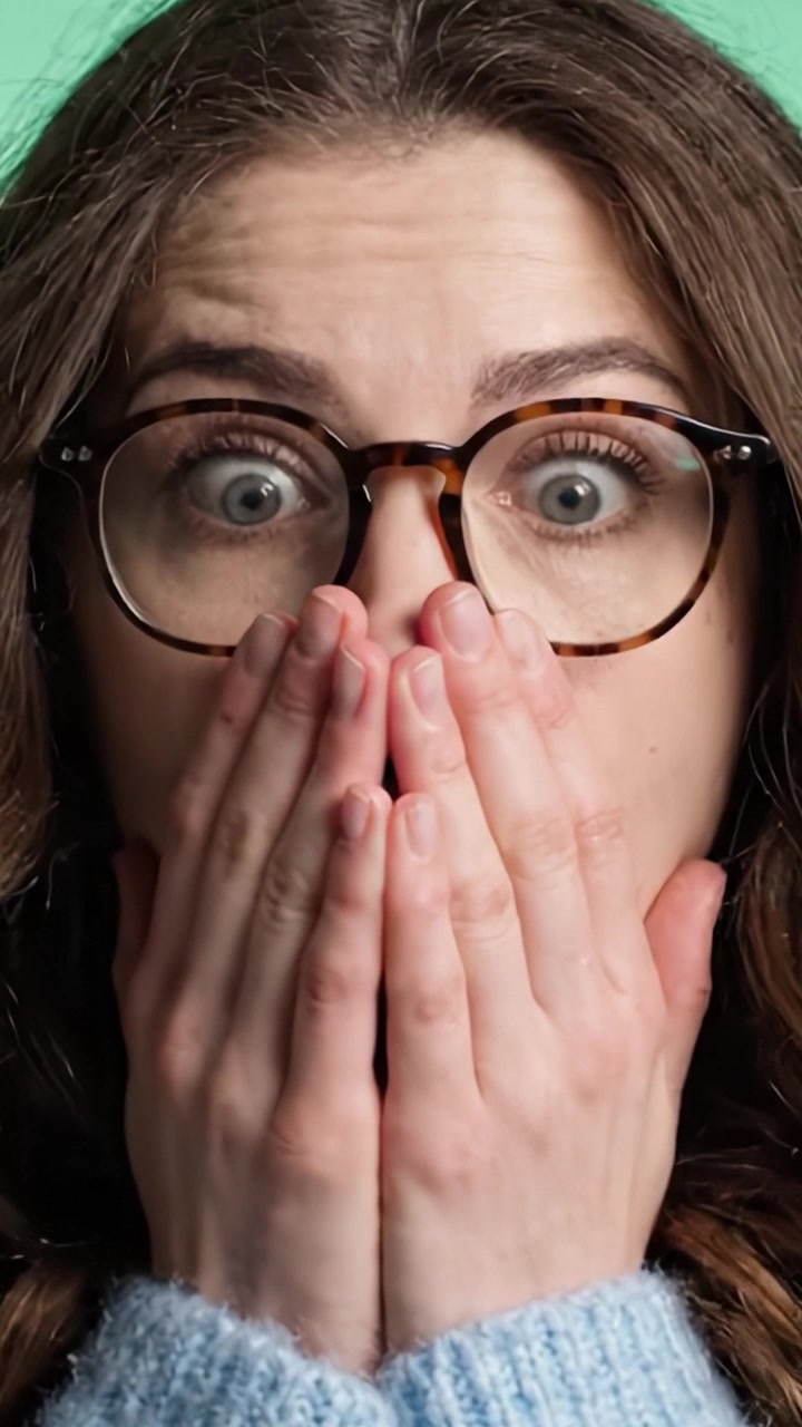 Un viaggio di emozioni: che cattura la transizione dalla sorpresa alla gioia in un video a due fotogrammi di una donna con gli occhiali.