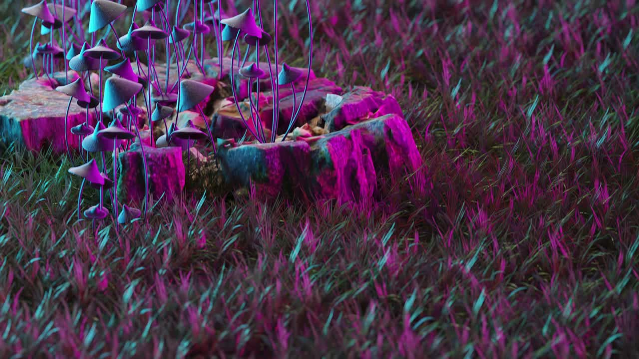 보라색 환각 버섯을 향해 위로 기울이기 ; 3d 렌더링