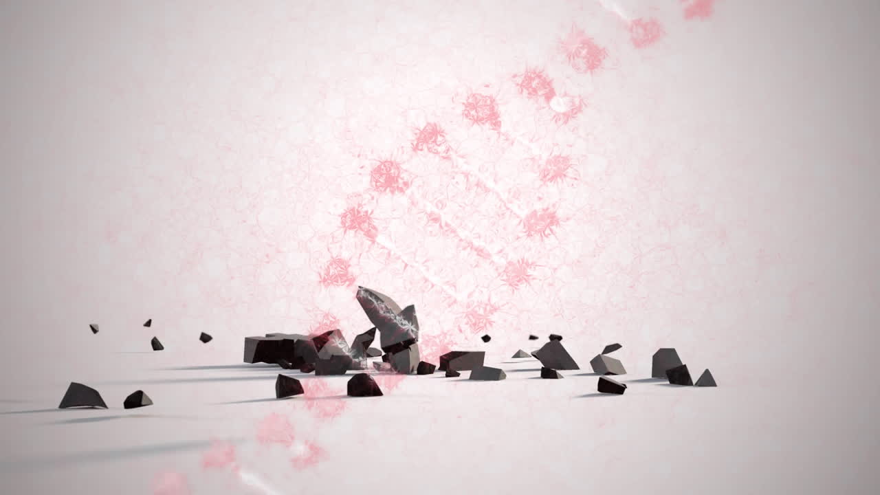 dna 구조가 유로 통화 기호를 회전시키고 분홍색 배경에 떨어지고 깨집니다.