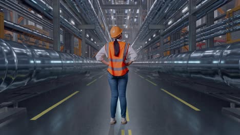 full body back view of a female engineer wearing safety helmet looking around while standing with arms akimbo with metal pipes