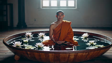 buddhist monk meditating in a wooden basin filled with water and lotus flowers