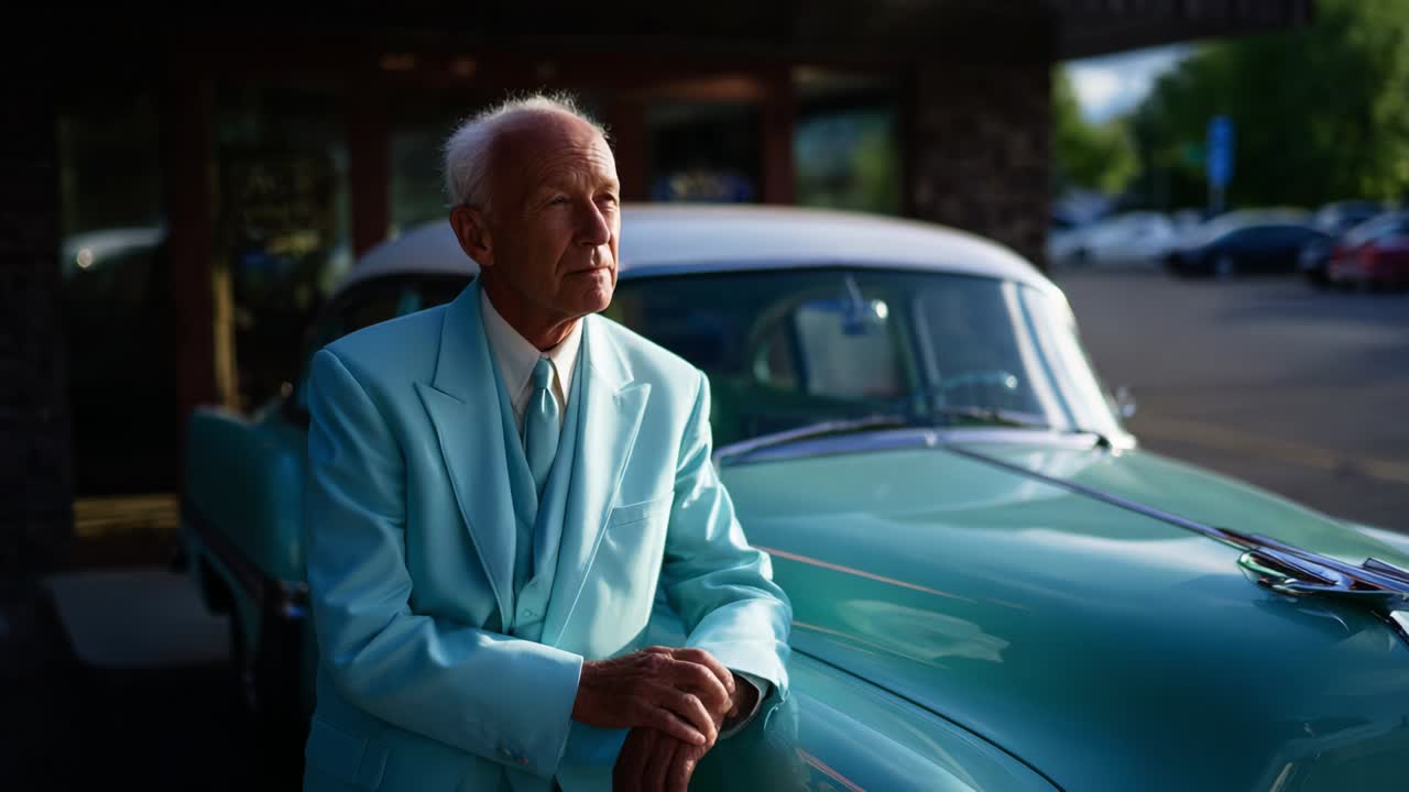 An Elegant Elderly Man in a Light Blue Suit Stands Proudly Beside a Classic Mint Green Car, Capturing a Moment of Reflection Filled with Nostalgia, Charm, and Timeless Style. A Glimpse into Graceful Aging!