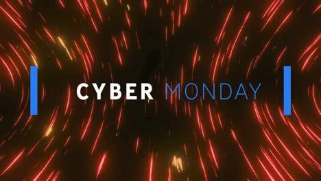 Animation-Eines-Cyber-Monday-Textbanners-über-Roten-Lichtspuren,-Die-Sich-Vor-Schwarzem-Hintergrund-Drehen