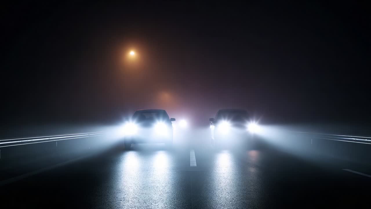 Two cars navigate through thick fog on a dark road, their headlights illuminating the wet pavement while creating an eerie atmosphere, showcasing the challenges of driving in low visibility conditions