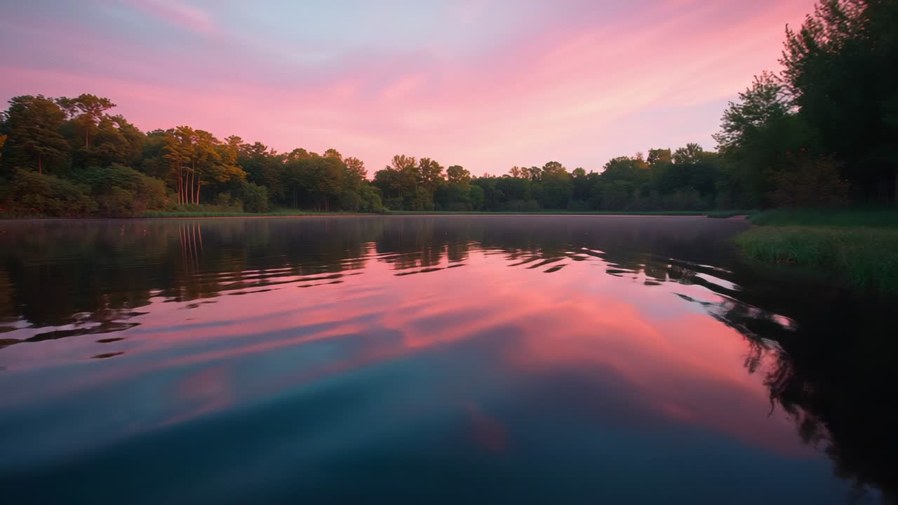 Rippling lake surface shifting sky reflection from breeze at lakeside, with clouds and treeline