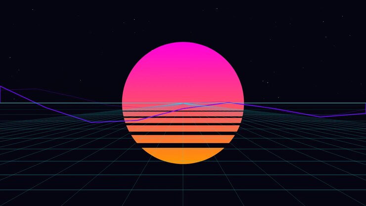 Retro Synthwave Style Sunset Over Digital Grid Landscape