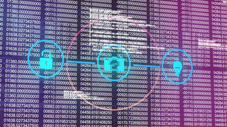 Animation of network with digital icons and data processing