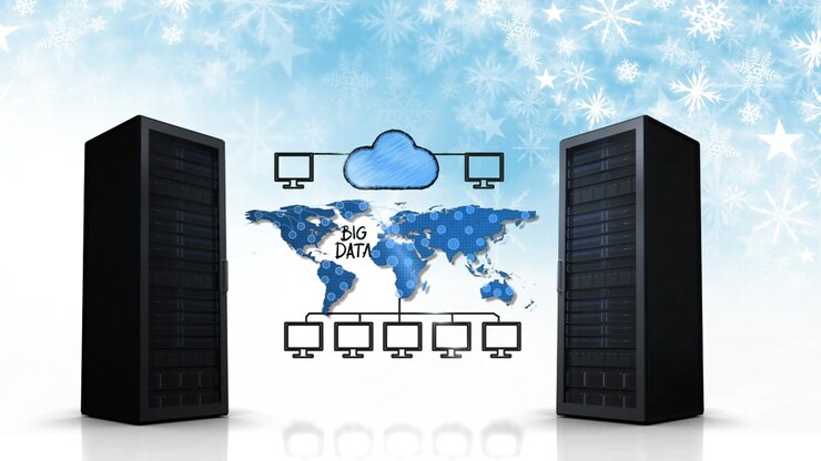 Animation of big data, network scheme and server on white and blue background with snowflakes