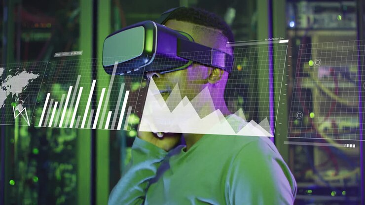 Animation of digital data processing over afrcian american iman with vr headset by computer servers