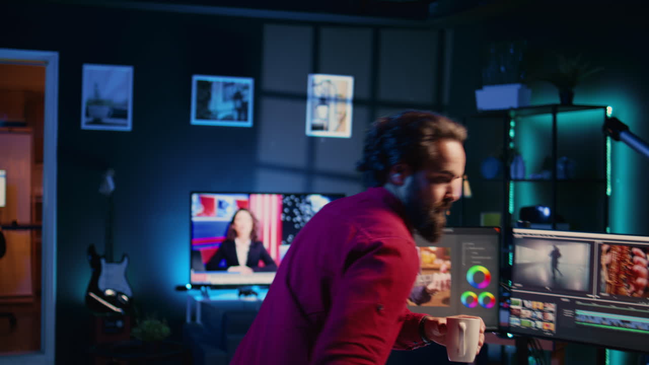 especialista que comienza su día con una taza de café en el estudio de postproducción, editando imágenes en bruto