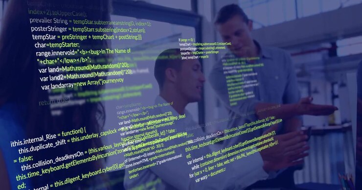 Standing man showing tablet and starting code overlay, man gesturing, woman observing tech review