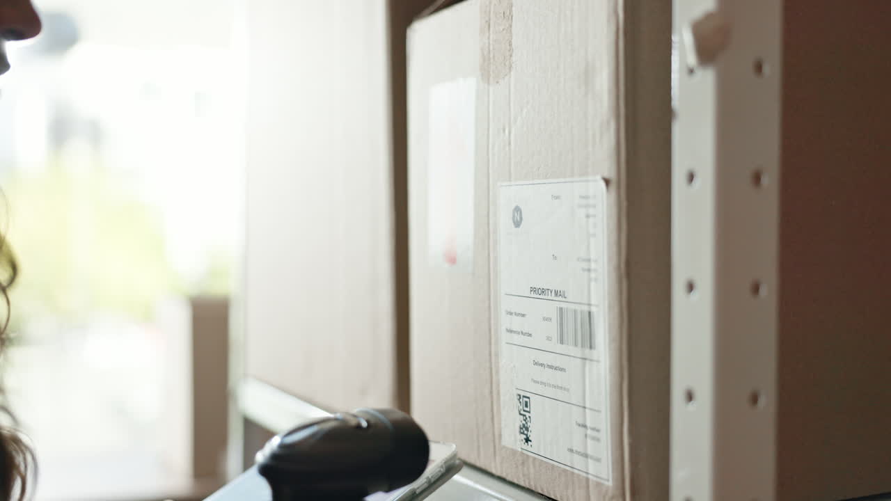 여성, 태블릿 및 스캔 박스 물류