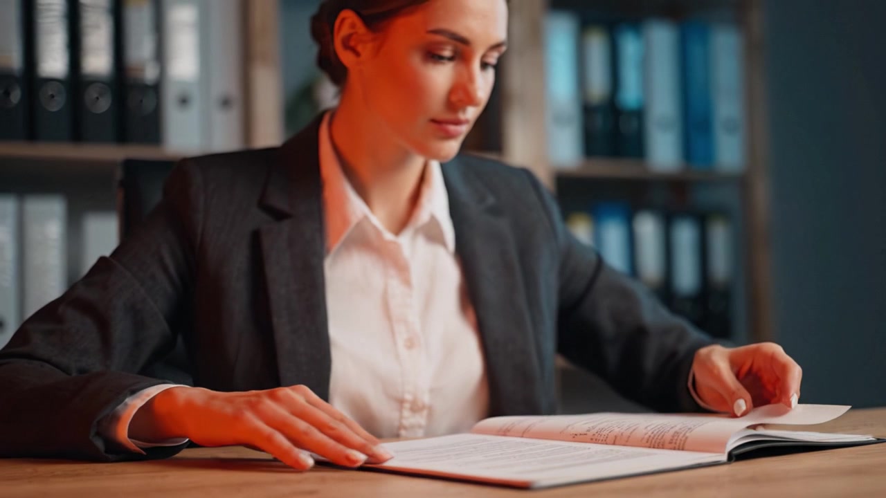 Professionista concentrato che studia documenti in un moderno ambiente d'ufficio, mostrando concentrazione e attenzione ai dettagli in un contesto lavorativo coinvolgente.