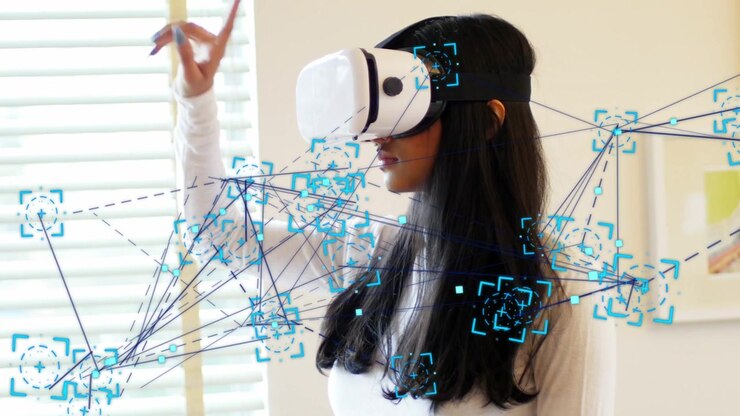 Woman wearing VR headset starting by pointing, pinching and grabbing, manipulating blue HUD nodes