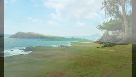 lush greenery and rocky cliffs by ocean, scenic coastal landscape animation