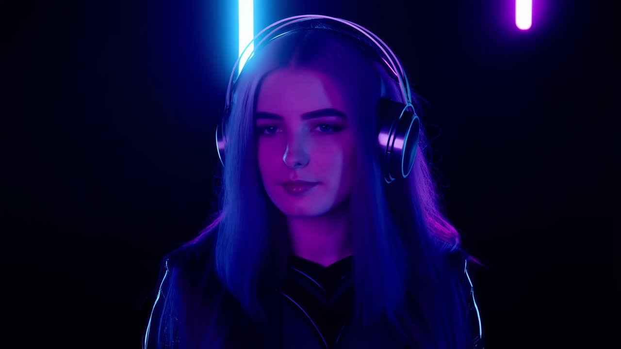 Young Woman with Headphones in Vibrant Neon Lights