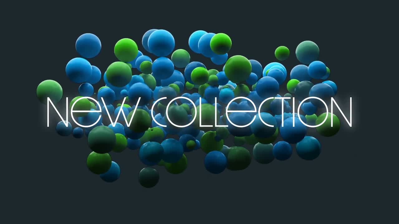 animación de una nueva colección en texto blanco sobre bolas verdes y azules flotando en negro