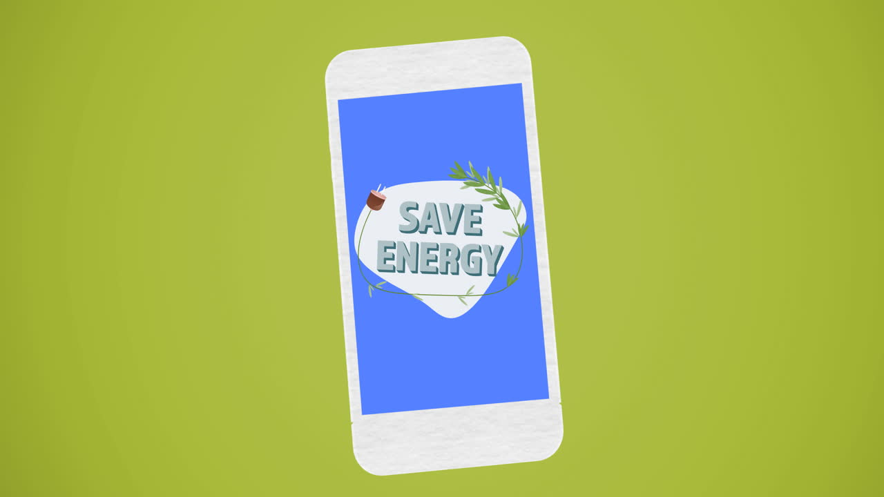 Animation of save energy text and logo on blue smartphone screen, on green background