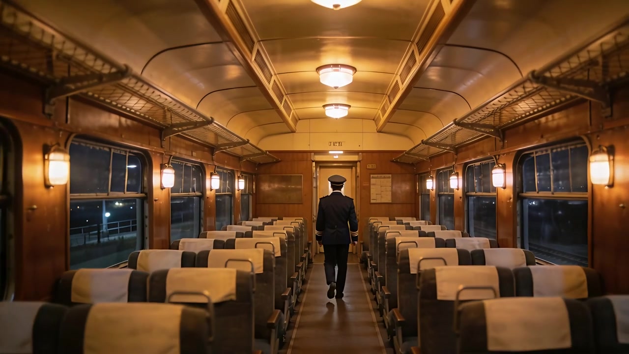 Walking uniformed conductor checking carriage aisle before departure at night, with white headrests