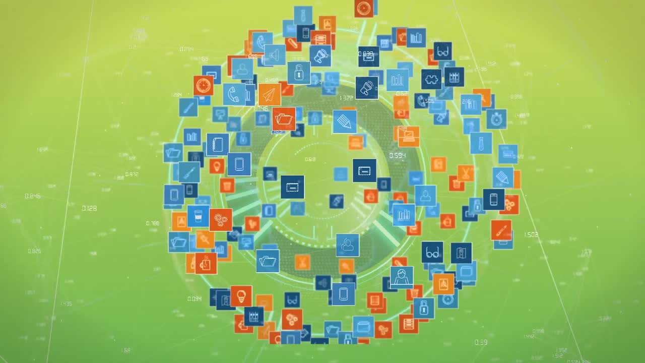 녹색 배경에 아이콘, 데이터 및 처리 원의 애니메이션