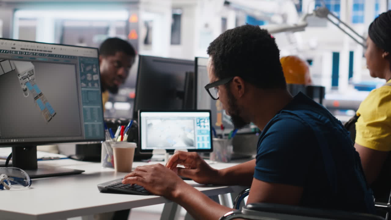 Vertical Video African american wheelchair user testing CAD software for manufacturing